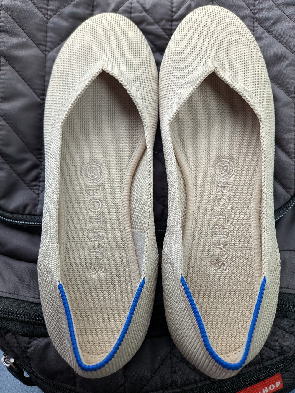 Rothy's Beige Knit Ballet Flats with Blue Trim